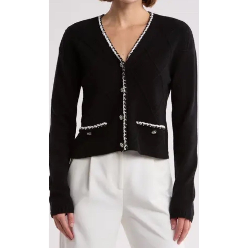 Laundry by Shelli Segal Diamond Design Sweater Cardigan‎ Button Front Black Sz L